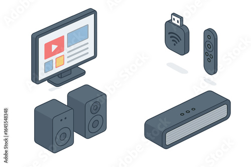 Isometric smart entertainment icon set. Home theater system with smart TV, soundbar, speakers, remote, and wifi streaming stick. Audio video multimedia gadget collection.