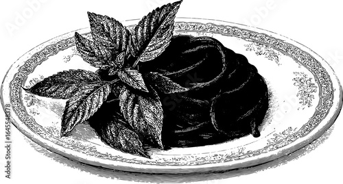 Food dish with garnish and mint on a decorative plate. Vintage engraving style vector illustration.