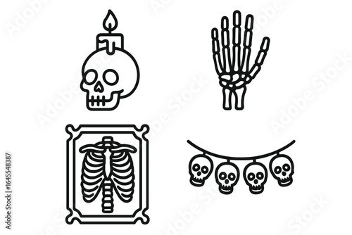Skeleton icon set for Halloween. Spooky skull with candle, skeletal hand, ribcage in frame, and skull garland. Macabre line art for horror or gothic decor. Vector.