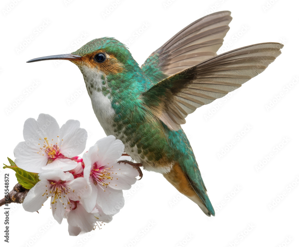 Fototapeta premium Hummingbird feeding on cherry blossom nature, isolated on transparent background, png