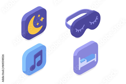 Sleep apps icon set. Isometric icons for relaxation, wellness and health. Moon, stars, sleep mask, lullaby music and bed symbols. Vector UI elements for mobile app design.