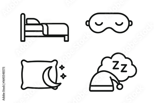 Sleep icon set with bed, pillow, mask and nightcap. Simple linear symbols for bedtime, rest and relaxation. Outline vector graphics for good night and sweet dreams concept.
