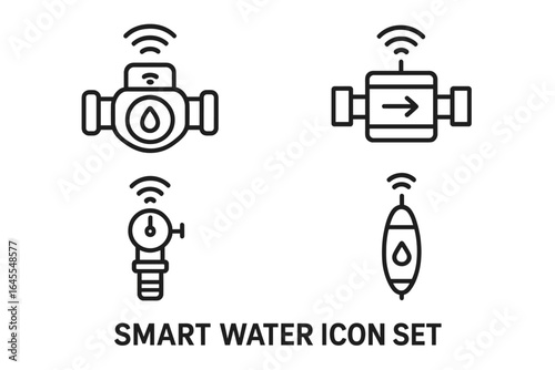Smart water management icons. Vector illustration of IoT sensors for monitoring consumption. Outline flow meter, pressure gauge, and level sensor for smart home technology.