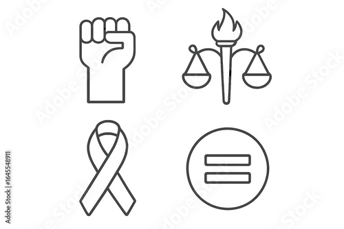 Social justice outline icon set. Human rights advocacy symbols. Raised fist for protest, scales of justice, torch, solidarity ribbon, and equality sign for activism.