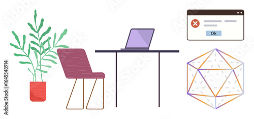Workspace setup with laptop on desk, minimalist chair, potted plant, error popup window, and geometric shape. Ideal for productivity, innovation, remote work, learning design troubleshooting