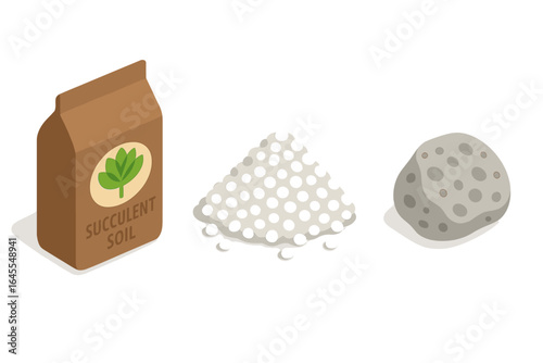 Isometric icon set of succulent soil mix components. Vector illustration of a potting soil bag, perlite pile, and pumice stone for gardening, plants, and horticulture.