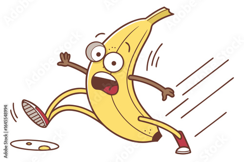 Yellow banana character with wide eyes and open mouth tripping on a slippery spot cartoon