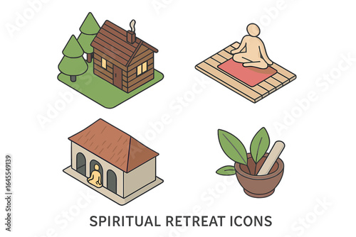 Spiritual retreat icon set in isometric style. Vector illustrations of yoga, meditation, forest cabin, ashram, and herbal medicine for wellness and mindfulness concepts.