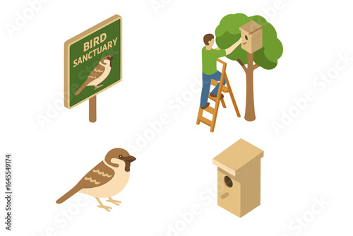 Sparrow conservation isometric icon set. Bird sanctuary sign, man installing nesting box. Wildlife protection, ornithology, and ecology concept. Flat vector illustration.