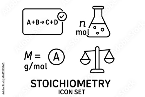 Stoichiometry line icon set. Chemistry education concept with vector symbols for balanced chemical equations, mole calculations, molar mass, and lab experiments.
