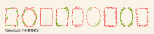Christmas frame set, winter holiday border, New Year celebration decor print, hand drawn pine branch. Traditional festive postcard geometric garland design, wavy ribbon bow. Christmas frame party kit