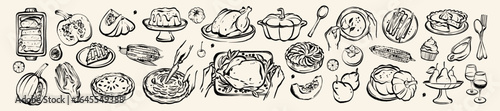 Autumn traditional food icon, thanksgiving day holiday table hand drawn doodle line illustration set. Harvest fall pumpkin, celebration turkey, dessert pie, November eatery design element. Autumn food
