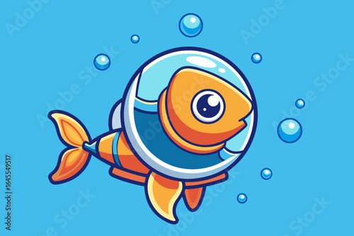 Orange fish in astronaut helmet floating in blue water space bubbles