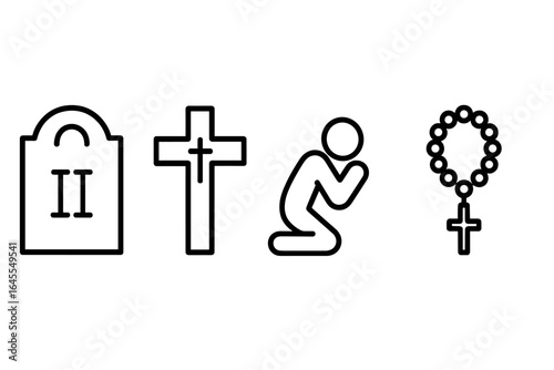 Stations of the Cross icon set. Christian religion linear symbols for Lent and prayer. Vector outline illustrations of Via Crucis station, cross, kneeling pilgrim, rosary.