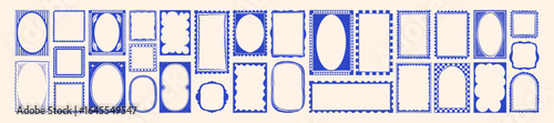 Doodle frame set, vector hand drawn stamp border, vintage abstract wavy post stamp simple design. Blue decorative rectangle label, empty banner shape collection. Coastal retro postmark doodle frame