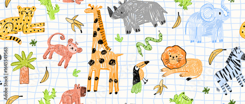 Animal kids seamless pattern, hand drawn childish doodle print, kindergarten naive scribble texture. Africa safari funny baby wallpaper, wax crayon wild cartoon fabric texture. Charcoal kids pattern