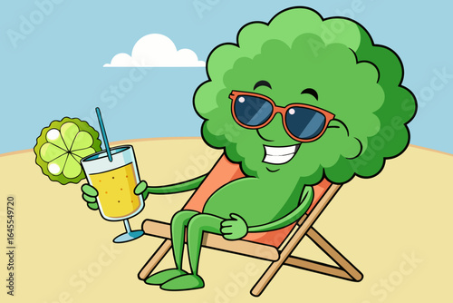Happy green broccoli character relaxing on beach chair with drink cartoon sunbathing