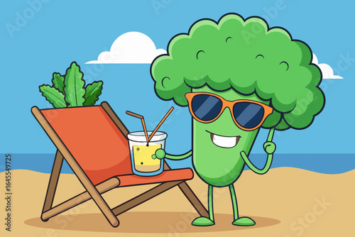 A happy cartoon broccoli character enjoys a refreshing drink on a sunny beach sunbathing vacation