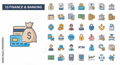 A collection of finance and banking icons, including money bags, credit cards, documents, locks, and ATM, displayed in a grid arrangement.