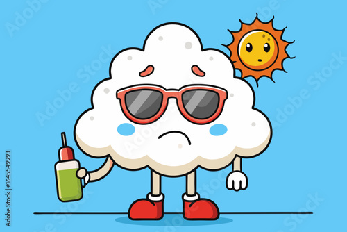 A sad cartoon cloud character with red sunburn marks and sunglasses holding sunscreen vector