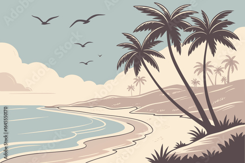 Tropical beach scene with palm trees and seagulls ocean clouds
