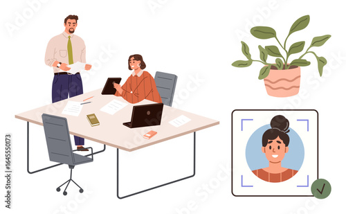 Colleagues working at a desk with laptops, papers, and a phone, complemented by a plant. Digital profile picture with approval mark. Ideal for teamwork, collaboration, office culture, modern work