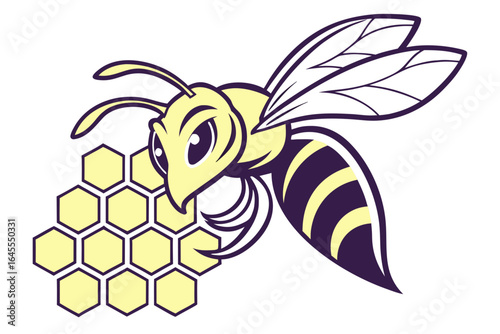 Stylized yellow and purple bee with honeycomb insect hexagon