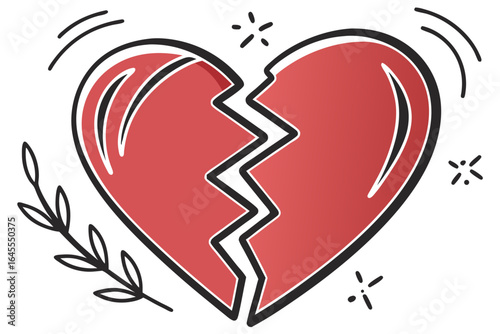 Red heart with sharp crack and leafy branch broken heart cracked heart
