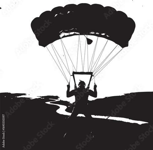 Extreme sports silhouettes of parachuting, paragliding, and skydiving are isolated against a blue sky, illustrating the adventure and freedom of flight