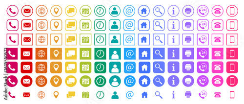 Set of contact icons. Phone, mail, location pin and website. Support, info, calendar and clock. Fax, printer. Schedule and working hours. Set of multicolored round and square icons.