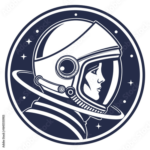 Minimalist astronaut profile in circular emblem with stars space helmet