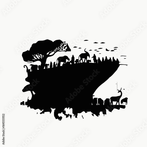 Silhouette of animals and people on a large ship, representing conservation.
