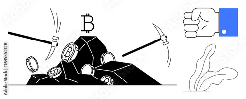 Pickaxes extracting Bitcoin coins from rocks, a symbolic fist, and rising plant elements. Ideal for crypto mining, prosperity, growth, success, digital currency, industry simple flat metaphor