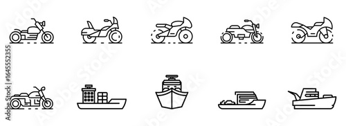 Collection of Modern Motorcycle and Cargo Ship Line Icons: Simple, Clean, and Minimalist Vector Graphics for Transportation Design.