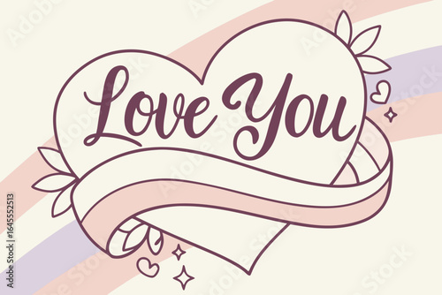 Love You Heart Banner with Pastel Stripes calligraphy script