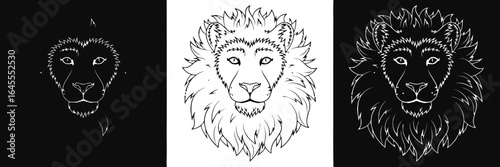 Lion's head, stylized, in black and white.