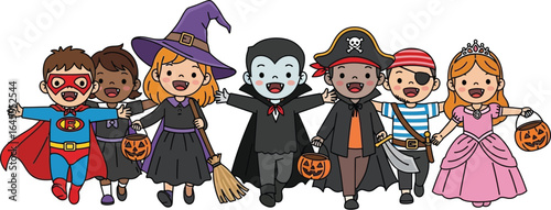 Happy kids in Halloween costumes trick or treating with pumpkin buckets