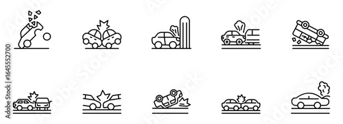 Collection of Line Art Car Crash Icons:  Head-on Collisions, Rollovers, and Single-Vehicle Accidents;  Serious Damage,  Safety, Insurance Concepts.
