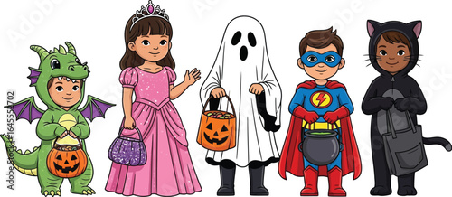 Happy kids in Halloween costumes trick or treating with candy buckets