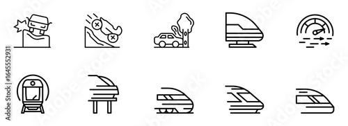 High-speed Rail and Car Accident Icons:  Modern Line Art Graphics for Safety, Transportation, and Speedometer Illustrations.