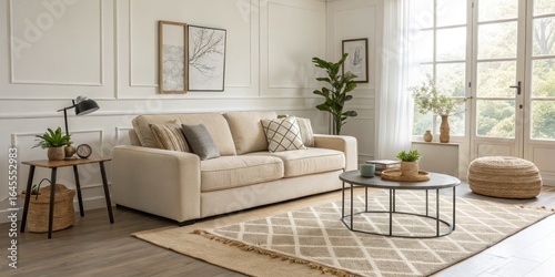 Beige Sofa in Minimalist Living Room Composition, Rug, Coffee Table, Plants, Modern Decor, Living Room Design Minimalist, Interior Design