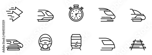 High-speed rail transportation icons:  Modern minimalist line art style, depicting speed, efficiency, and punctuality for travel, logistics, and technology concepts.