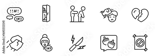 Collection of Minimalist Line Icons: Anger, Violence, Hate Speech, Relationship Breakup, and Censorship Symbols.