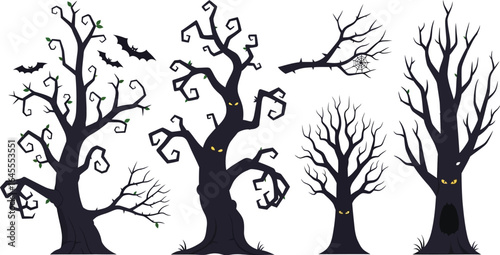 Creepy Halloween trees with bats and eerie faces for spooky designs