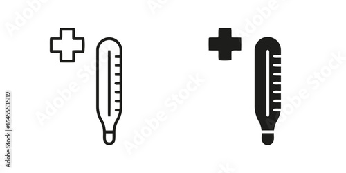 Thermometer icon with plus sign, medical temperature.