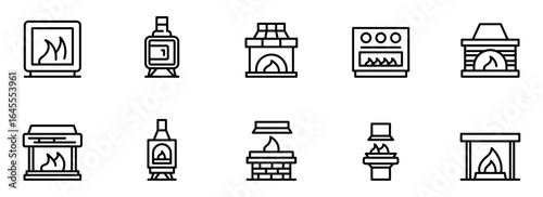 Collection of Modern Fireplace and Stove Icons:  Clean Line Art Style, Warm and Cozy Mood, Perfect for Home Decor and Interior Design Websites.