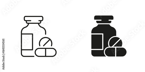 Medical bottles and pills, healthcare supplies.