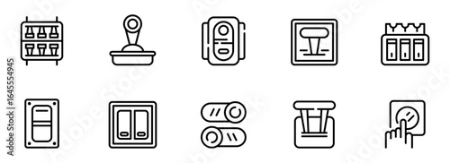 Collection of Minimalist Line Art Switch Icons: Toggle, Rocker, Push Button, Panel, and Control Illustrations for Web and App UI Design.