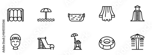 Water Park Icon Set:  Simple Line Art Graphics of Slides, Pools,  Lifeguard, and Other Summer Fun Amenities for Website or App Design.