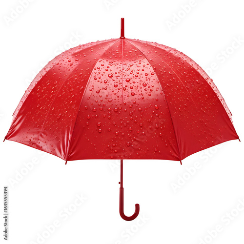 A full shot of a wet red umbrella with water droplets on its glossy surface, isolated on a white or transparent background, photorealistic—ideal for poster or graphic design